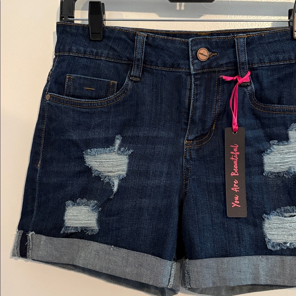 Dollhouse Distressed Dark Wash Cuffed Denim Shorts 5 / 27 NWT - Picture 3 of 9